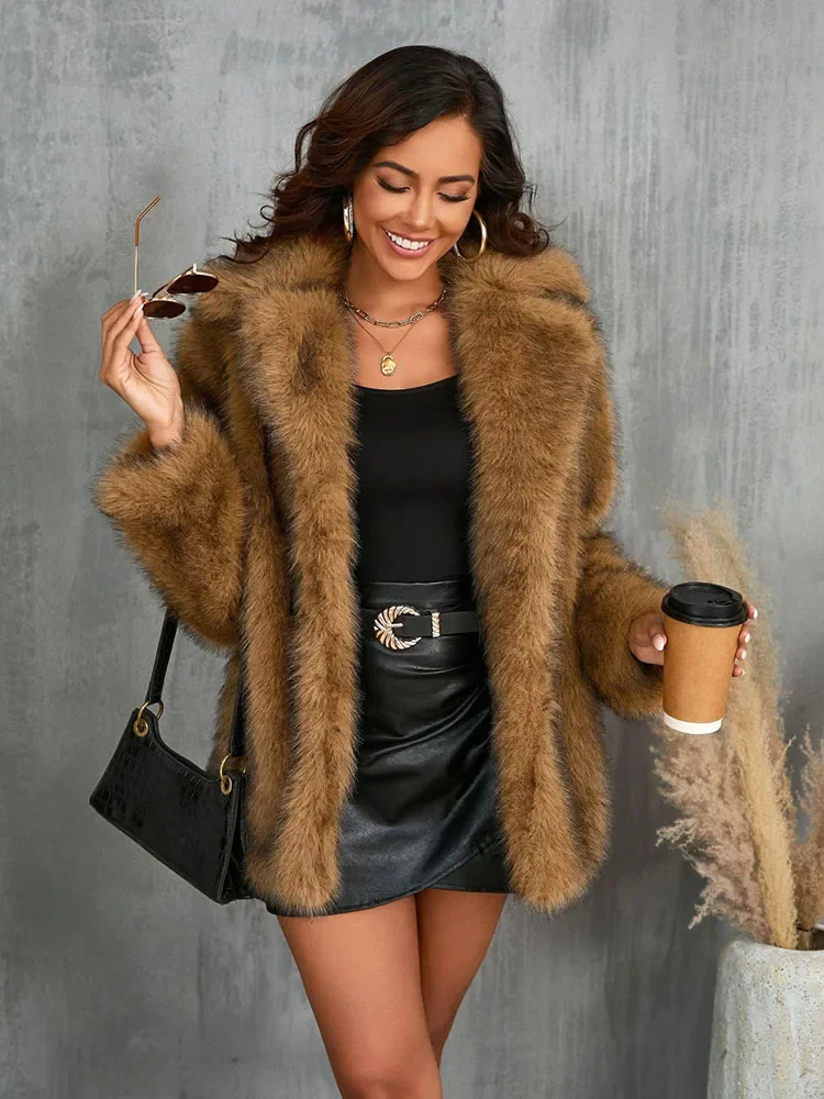 Winter Coat Women Vintage Lapel Long Fluffy Warm Faux Fur Coat Women Loose Fur Jacket Long Sleeve Fur Coats for Women Outerwear