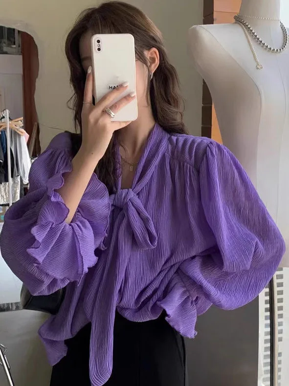 

Ele Purple Long Sve Women's irt New Sle Chiffon Knot Spring Autumn Design High Faion Top Korean Loose Fit