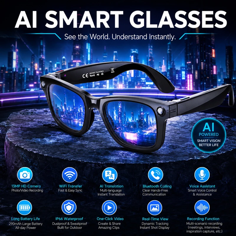 

2026 New SmartGlasses 1300W HD Camera AI Conversation AI Voice Wake-up Bluetooth Call Music EIS Anti-shake Shooting SmartGlasses