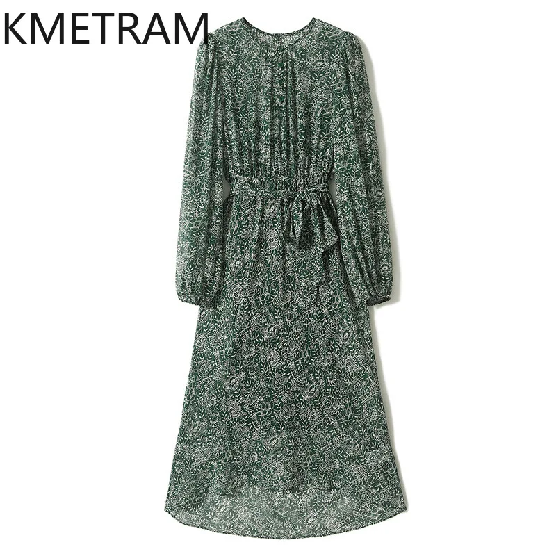 

KMETRAM Mulberry Silk Georgette Puff Sleeve Dress for Women 2024 Summer Gentle Floral A-Line Dresses Women's Clothing New