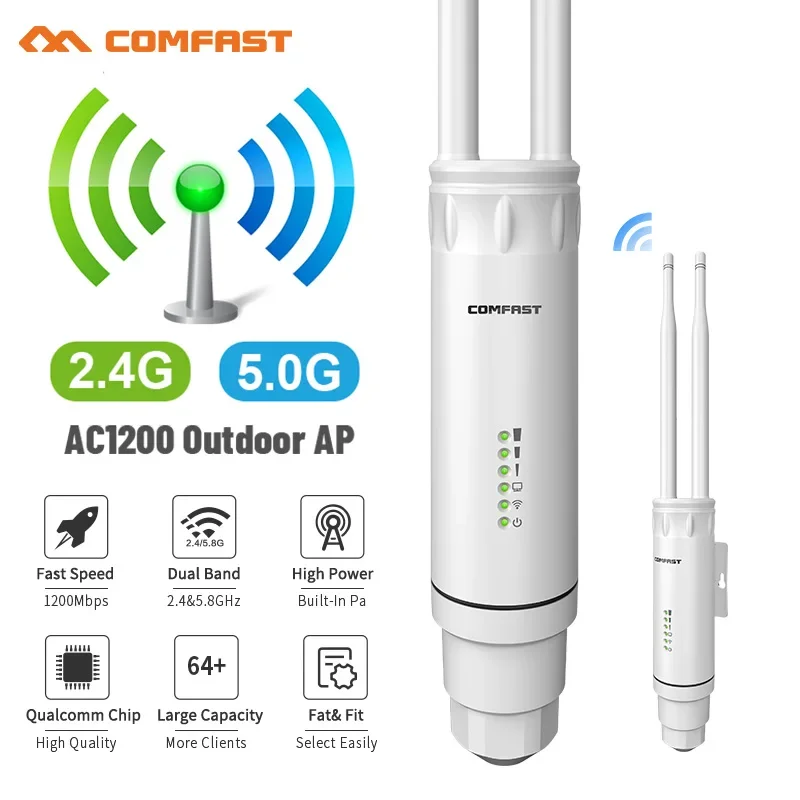 

Comfast AC1200 Outdoor Access Point 2G&5G Wireless AP Router Repeater 2*5dBi Antennas Long Range WiFi Base Station Amplifier
