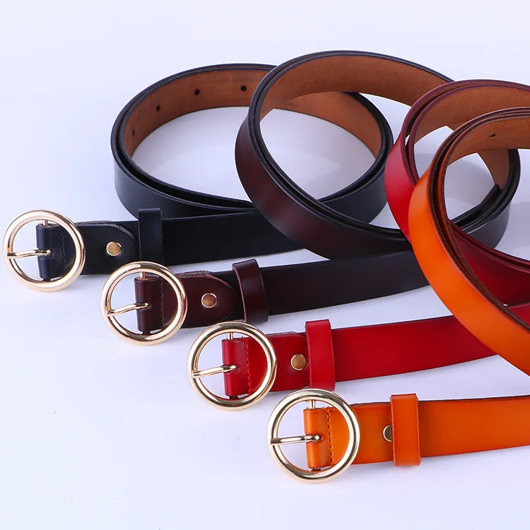 

2024 Women Belt Real cowhide Retro Pure Leather Round Buckle Smooth Luxury Gift Thin Trouser Cowboy Orange Red Black