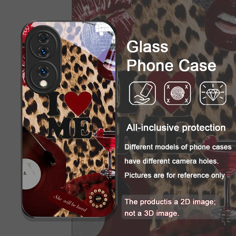 Casing Handphone Kaca Temper Motif Leopard Strawberry Bow untuk Huawei Honor 200 Lite 100 300 Pro 90 GT X8 4G X9 Magic 7 6 5Pro