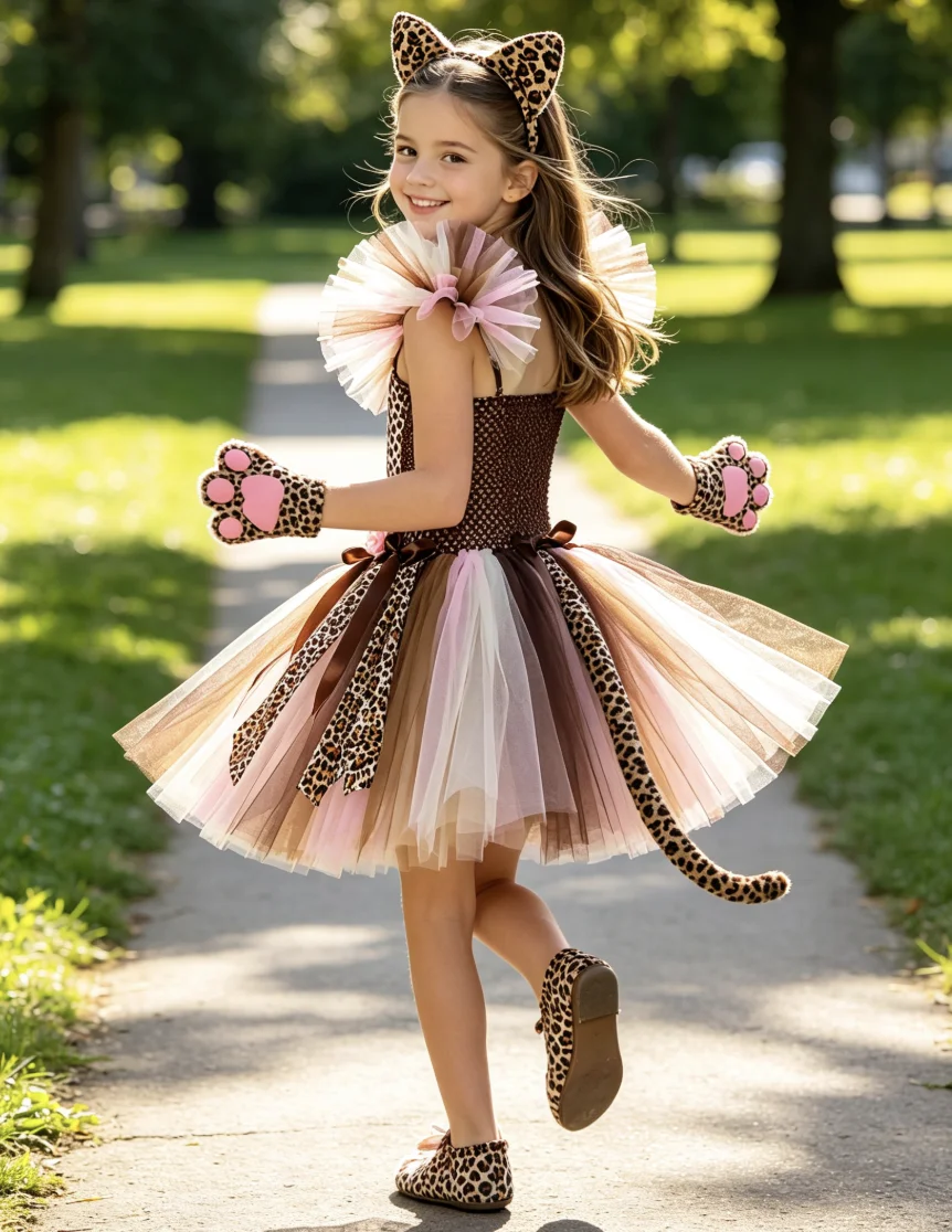 Girls Leopard Animal Dress With Ear Headband Tail Gloves Bow Tie Set Children Halloween Carnival Birthday Party Dress Up Outfit