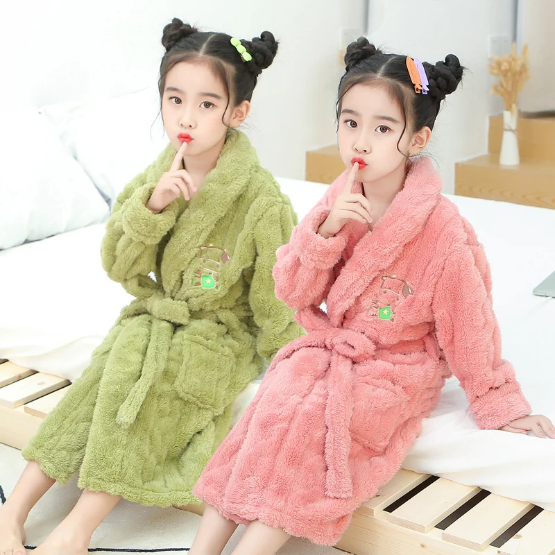 Winter Flannel Bath Robe for Kids Girls Fashion Children Princess Nightgowns Toddler Cartoon Coral Velvet Thicken Warm Homewear