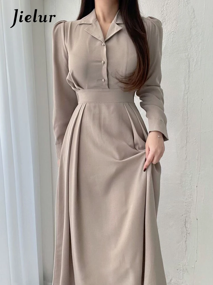 

Jielur Korean Spring New Chic Solid Color Women Dress Sweet and Elegant Ladies Woman Dress Dark Grey Black Apricot A-line Dress