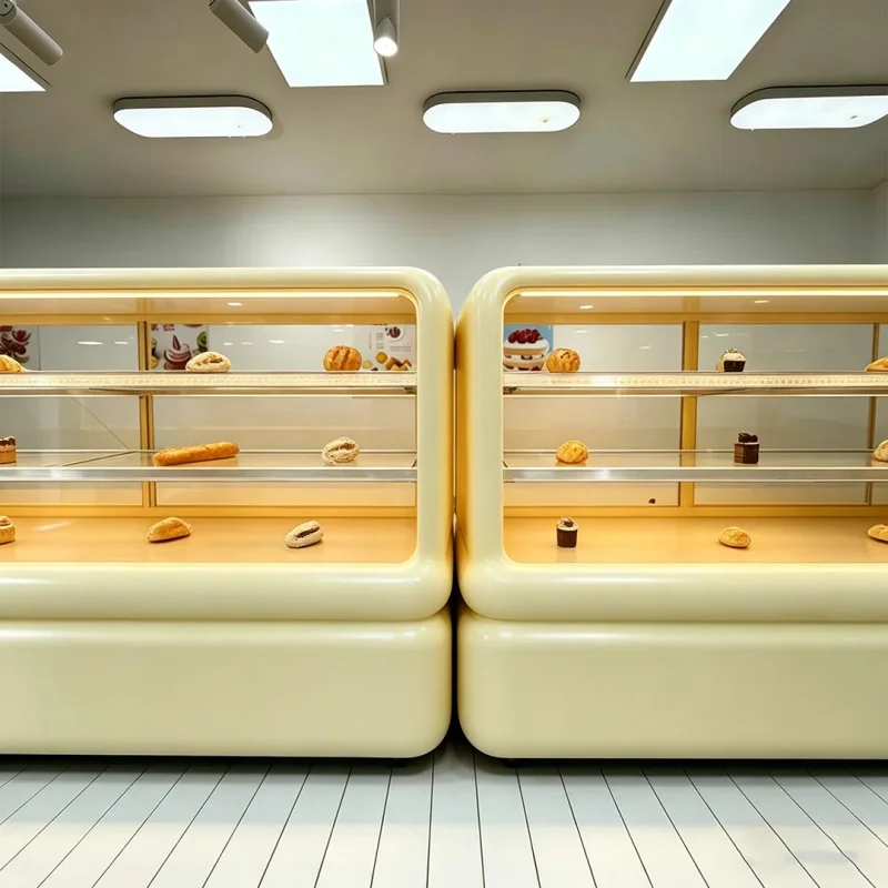 custom.Bespoke-coloured Bakery Counter-top Curved Display Cabinet, Featuring Curved Glass and Built-in Lighting