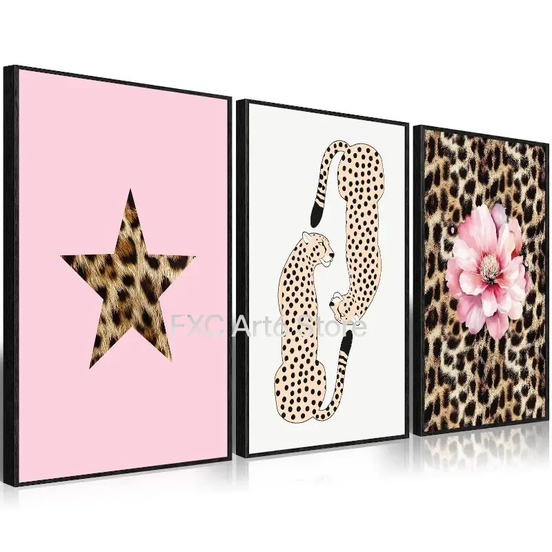 3PC frameless  Leopard Prints Poster | Trendy Flower Leopard Star Canvas | Maximalist Dopamine Decor | Funky Y2K Room Aesthetics
