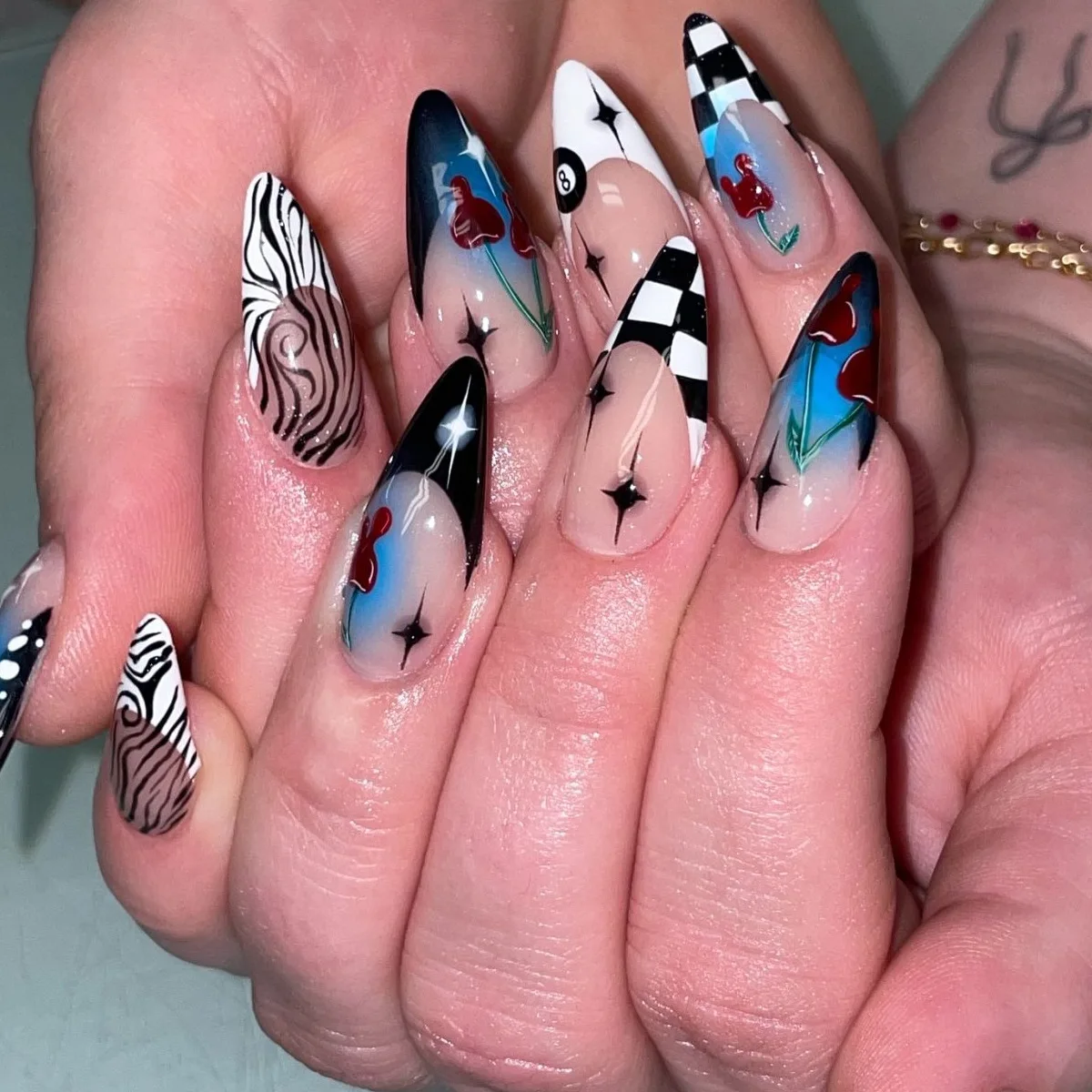 

24PCS Black Cat Hand Painted French Press on Nails Hot Girl Checkerboard Cherry Zebra Print Fake Nails Edgy Cool Nail for Women