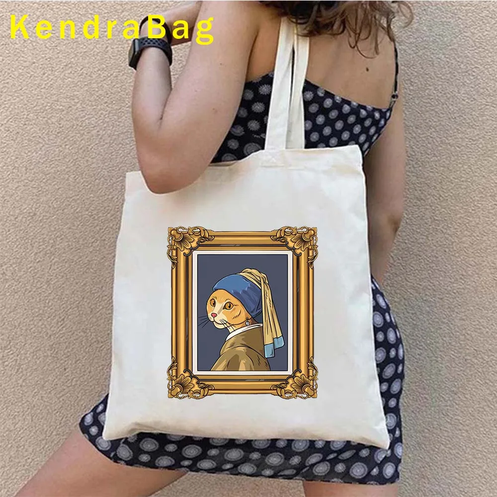 Funny Famous Paintings Make Art History Cat Fine Arts Shopper Harajuku Canvas Totes Bag Girl Van Gogh Sunflower Shopping Handbag