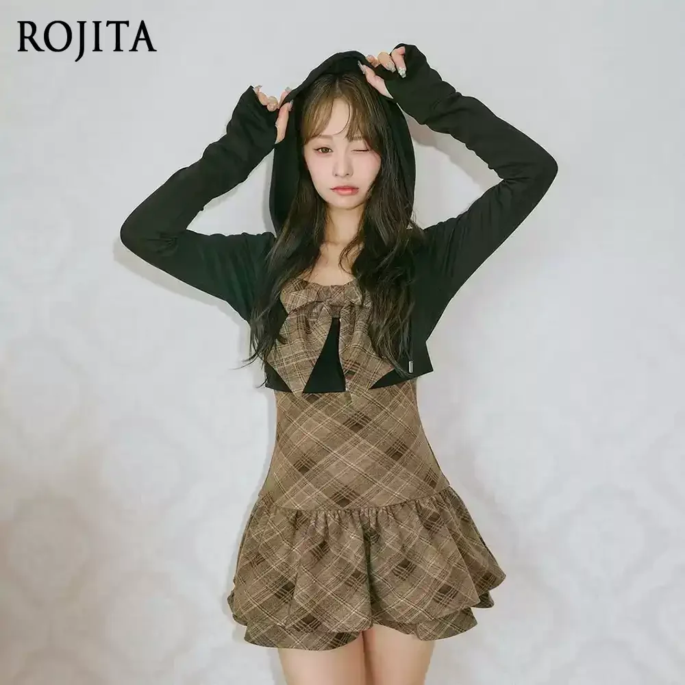Japanese 2026 Spring Retro Ruffle Edge Three Dimensional Bow Slim Fit Hot Girl Suspender Dress Short Hooded Top Dress Suit Women