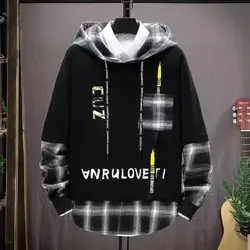 New Men's Clothing Hooded Long Sleeve Autumn Winter Fake Two Pieces Fashion Casual Sporty Letter Spliced Contrast Color Tops