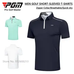 PGM Summer Breathable Golf Clothes Men Zipper Collar Golf T-shirts Male Short-sleeved Sports Lapel Shirts Cooling Fast Dry Tops