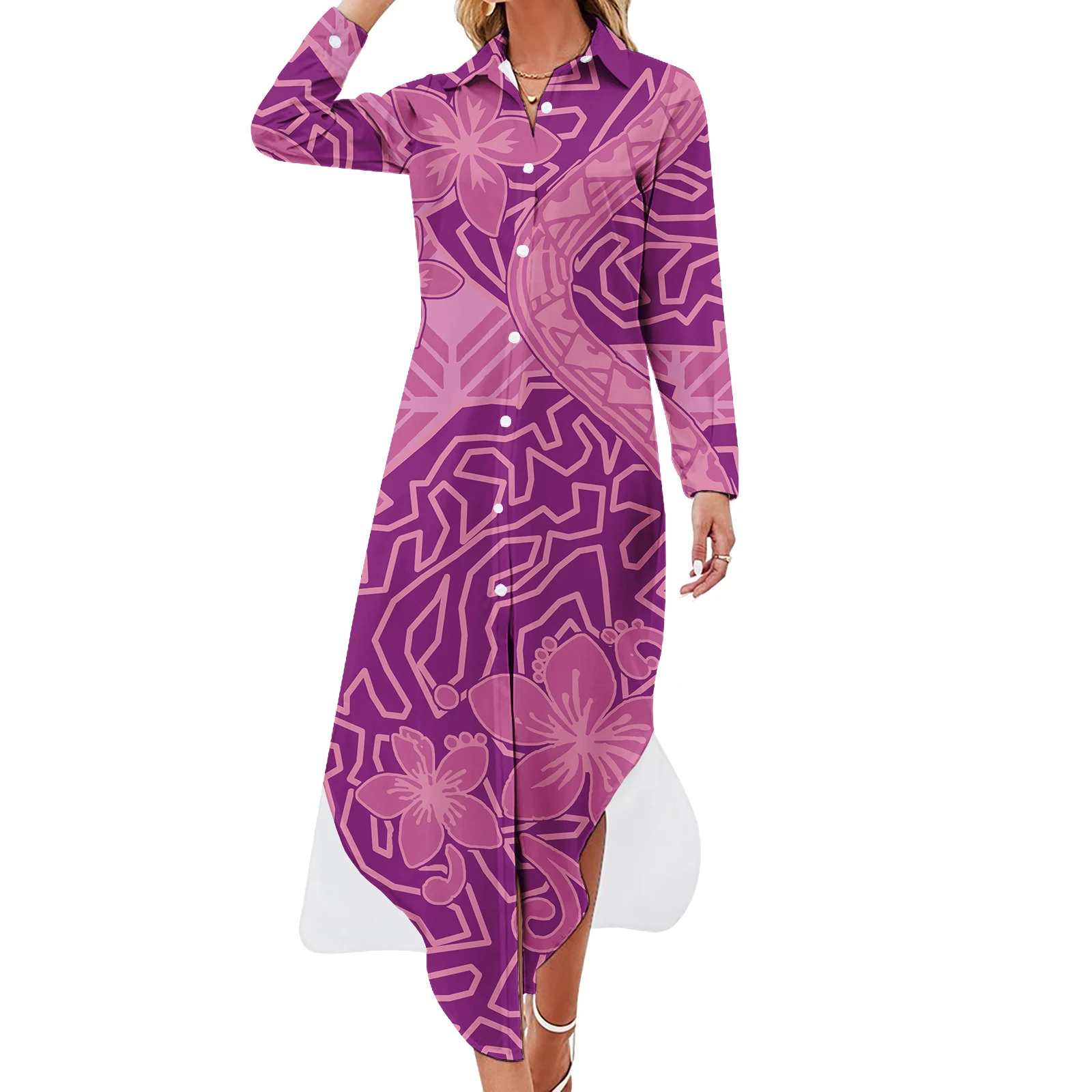 New Design Customized Polynesian Tribal Design Long Sleeve Shirt Dress Beach Kaftan Dress Women Elegant Maxi Dresses Ladies