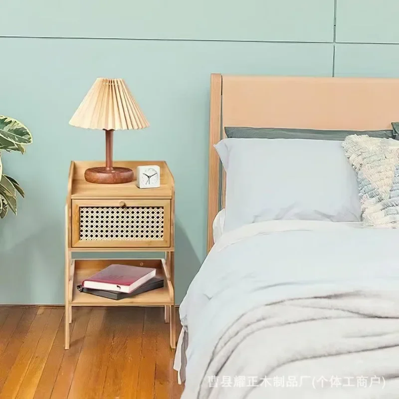 Bamboo rattan bedside table narrow table storage rack bedroom fabric drawer bedside household bedroom bedside table