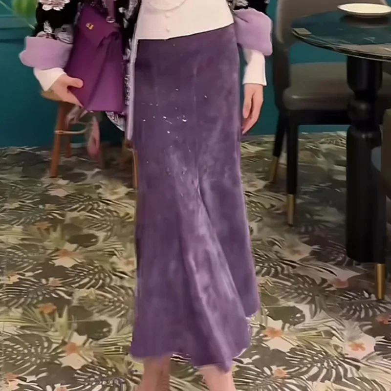 New Fashion Sequin Mermaid Skirt Women Autumn Winter High Waist Slim Purple Long Party Skirts Solid Color Elegant Jupe