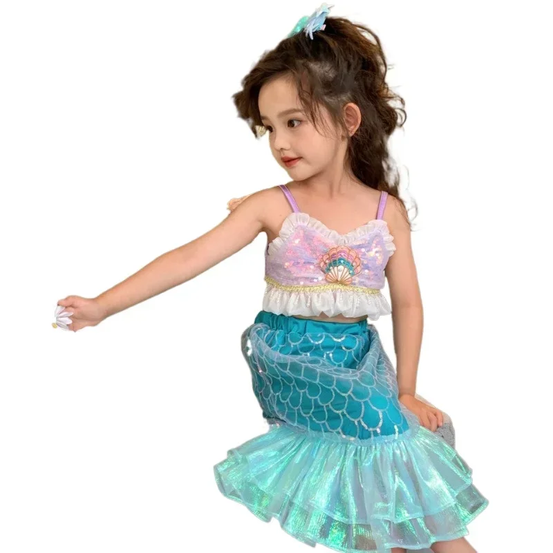 2024 Toddler Mermaid 2pcs Set for Girls Sparkle Tail Costume Cospaly Suit Sleeveless Suspender Skirt Girls Summer Clothes