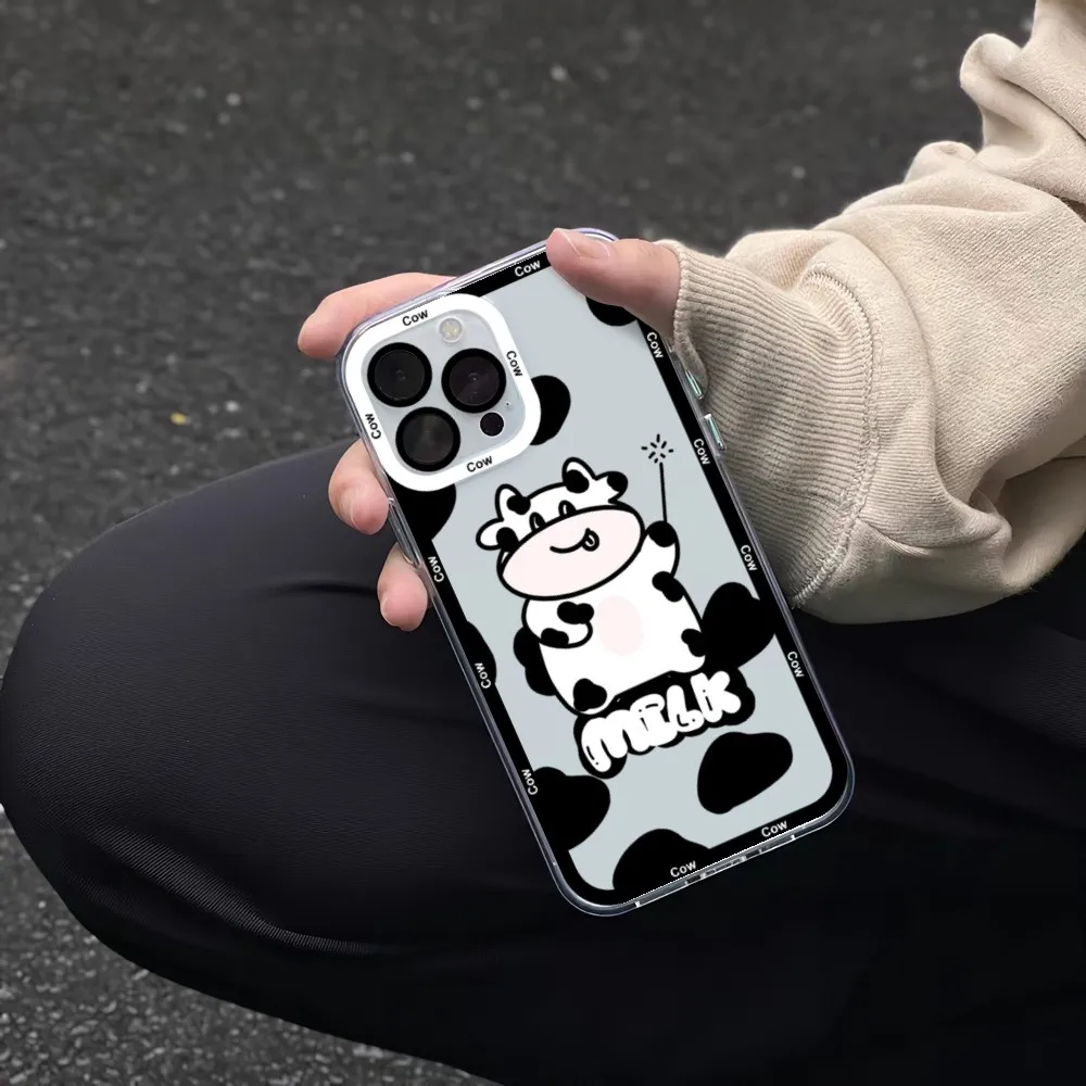 Aesthetic Cow Milk Print Phone Case For iPhone 11 12 Mini 13 14 Pro Max Transparent Shell