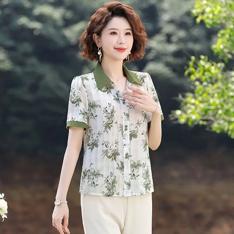 Women's New Splicing Socket Lapel Button Printing Stylish Loose Versatile Casual Short-sleeved Blouses Shirts