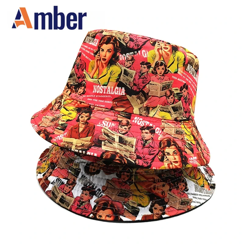 

Amber Modern Girl Bucket Hat Cartoon Printing Fisherman Hats Vintage Movie Pattern Panama Cap Reversible Caps Men Women Summer