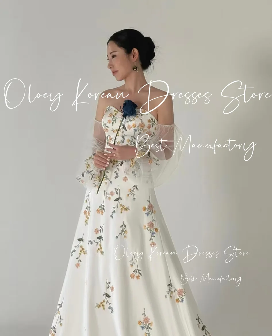 OLOEY أنيقة التطريز الزهور فستان حفلات الزفاف Straples سويب تراين الساتان كوريا صورة تبادل لاطلاق النار فستان زفاف مخصص ستناء