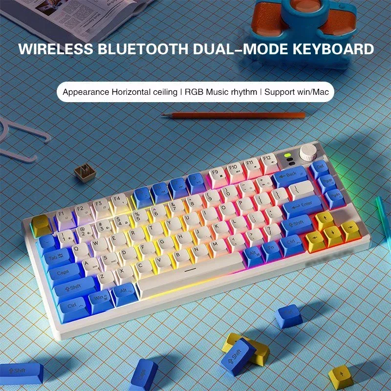 EweadnV75 Wireless Bluetooth Dual Mode Silent Keyboard Multi-function Knob Multi-system Compatible 75% Layout Gaming Keyboard