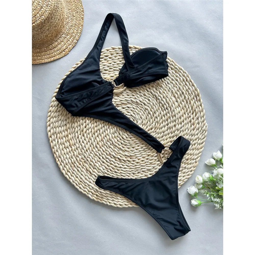 غير المتماثلة واحد الكتف قطع النساء ملابس السباحة قطعة واحدة ملابس السباحة الإناث حلقة معدنية عالية الساق قطع الاستحمام ثوب السباحة السباحة #2