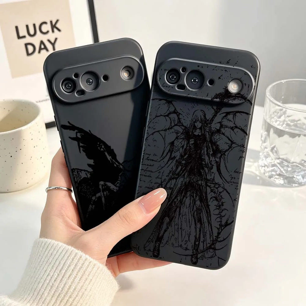 Retro-Gothic-Skulptur-Schutzhülle für Google Pixel 6 6A 7 7A 8 8A 9 10 10A Pro XL 2024 5G Schwarze Weiche Silikon-Handyhülle