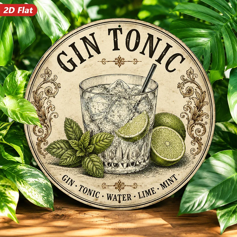 Circular Metal Sign Wall, Gin Cocktail Themed Home Decor, Vintage Style, Botanical Elements, Depicting Glass and Lemon Suitable