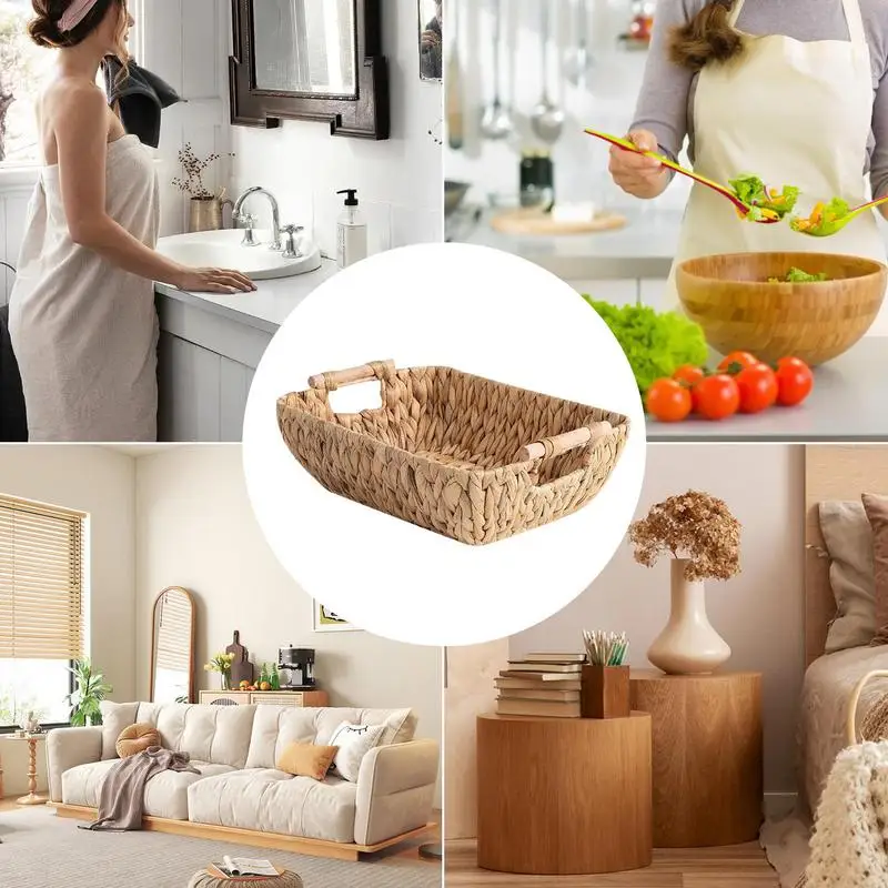 

Тканая корзина для воды с гиацинтом, тканая корзина для хранения, прямоугольная плетеная корзина для хранения пищевых закусок с ручкой, маленькая плетеная корзина