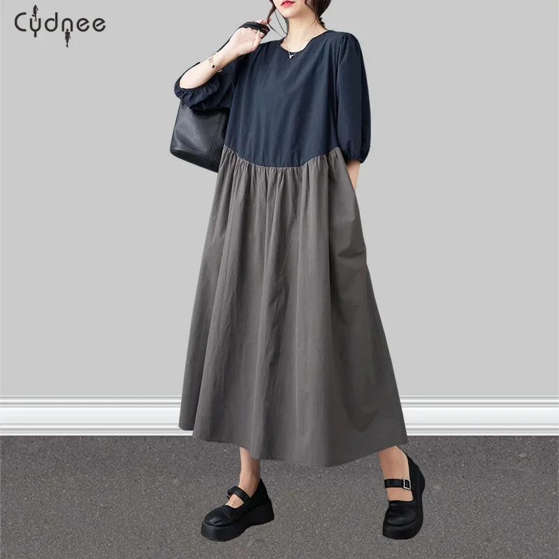 Half-Button Line Back Contrast Round Neck 3/4 Sleeves Relaxed A-Line Long Dress