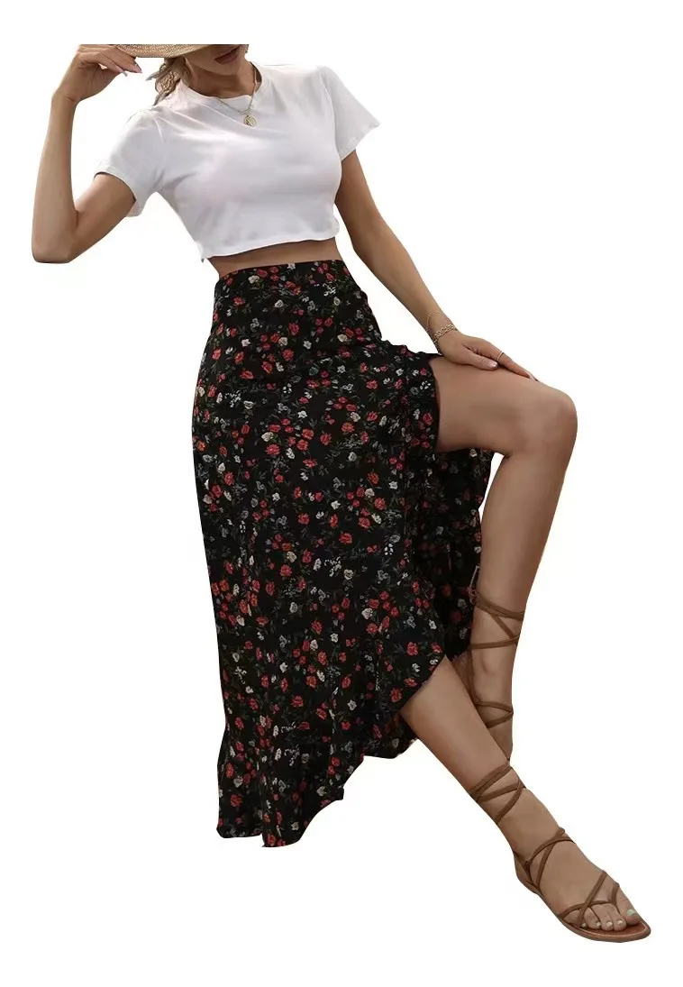 Sexy Side Split Skirt, Printed Ruffle Edge, European and American, Spring, New, 2022