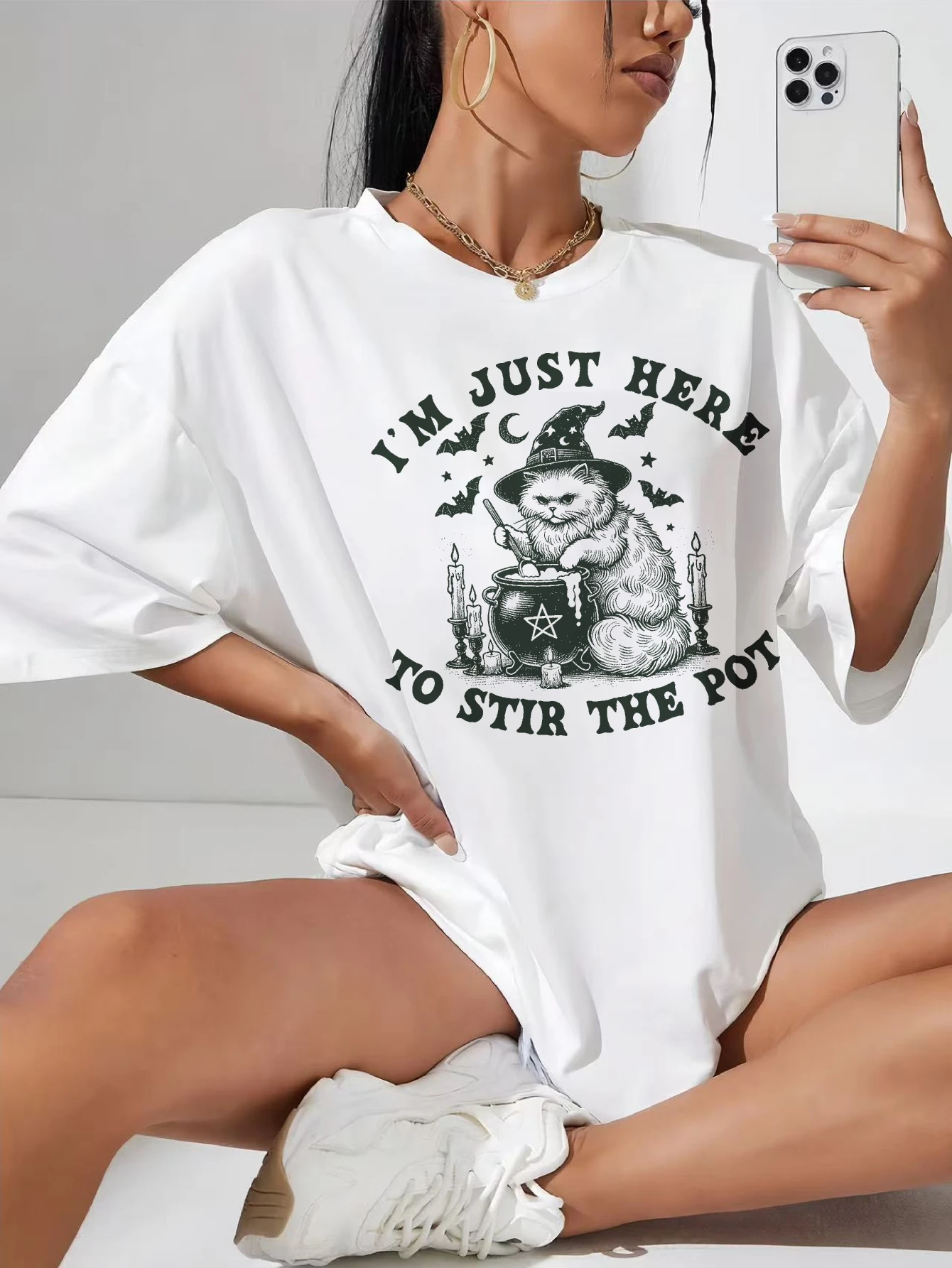 

Watercolor Scary Halloween Clipart Plus Size Women's White Crew Neck Shirt Cotton Soft Comfy Loose Fit T-Shirt Festive Halloween