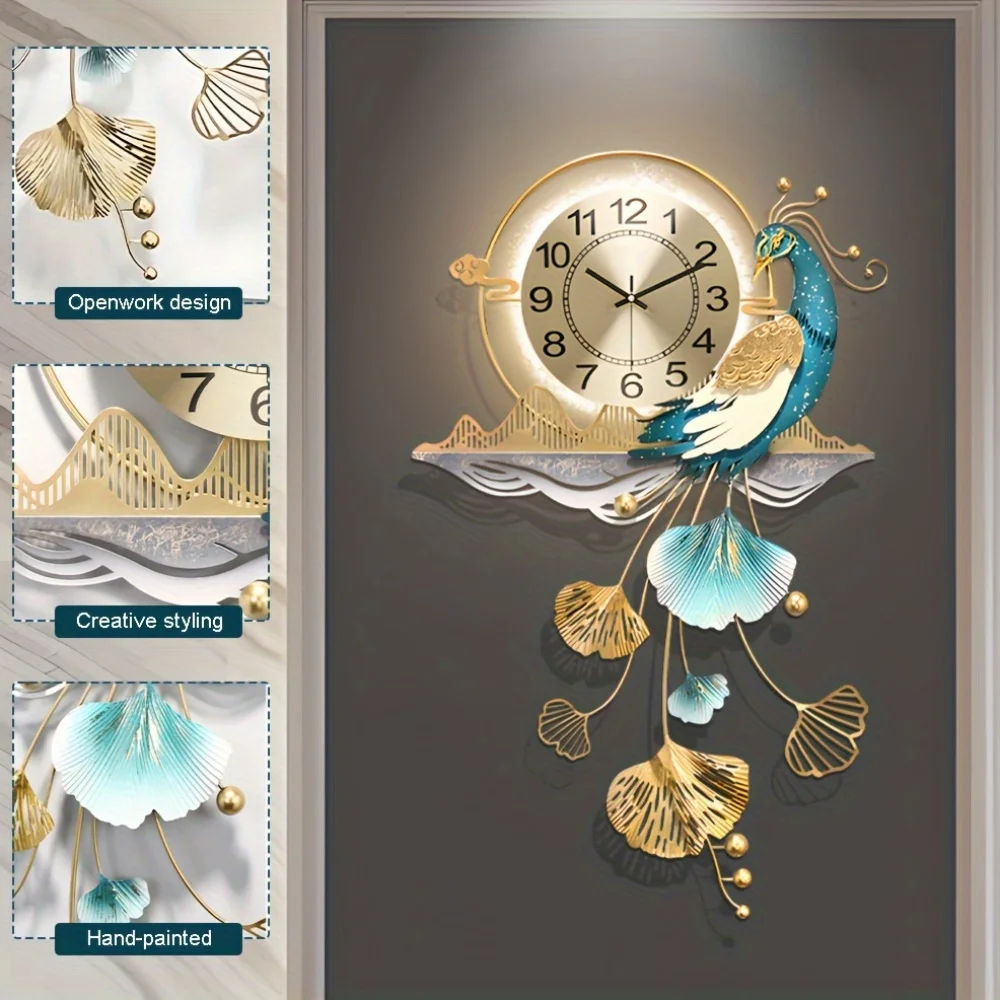 Large Peacock-Themed LED Wall Clock – 32.2 x 19.6 Inches Metal Decorative Clock with Silent Quartz Movement, Ideal for Living Ro view 3