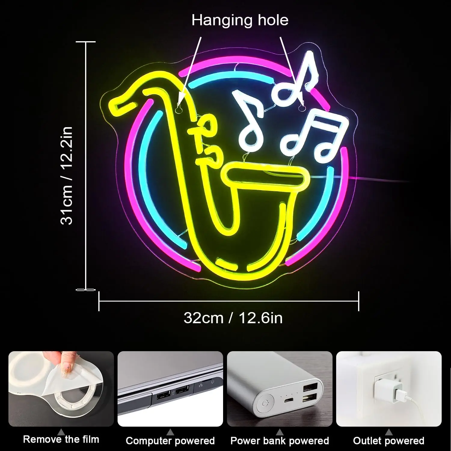 LED neon light Sign Saxophone Neon Sign USB Powered Color Lighting Sign Dimmable for Bedrooms Music Scenes Recording Studios Bar