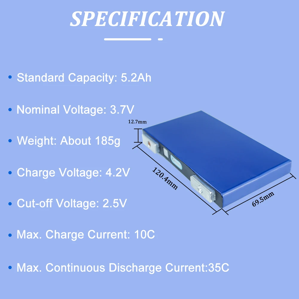 HAKADI 3.7V 5.2Ah Lithium-ion Rechargeable Prismatic Batteries High Rate 70C Discharge 1-8PCS For Power Tool EV Car Audio