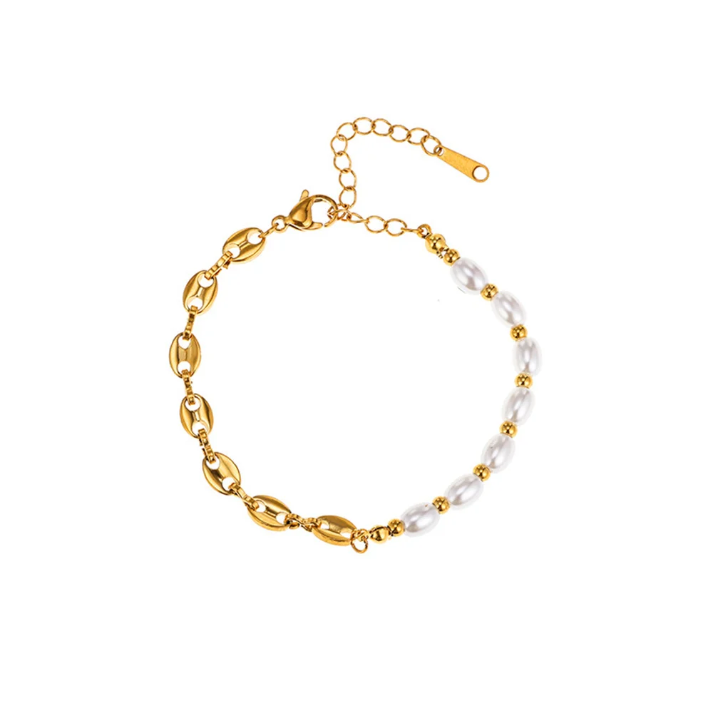 

Punk Coffee Bean Imitation Pearls Charm Bracelet Female Gold Color Stainless Steel Chain Link Bracelet for Women Fashion Jewelry