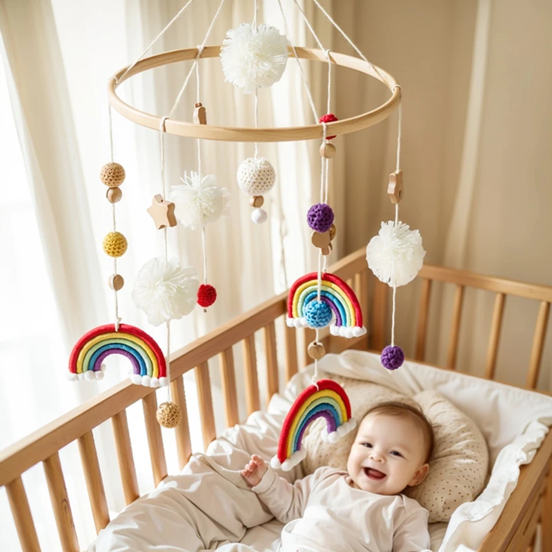 Cama de madeira do bebê Bell, Móvel Pendurado Brinquedo, Berço recém-nascido, Estrela do arco-íris Pingente, Suporte de cama, Presentes do miúdo, 0-12 meses