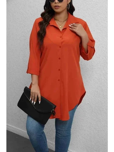 Imagen 2 del producto Blusa de talla grande 1XL-5XL a la moda con cuello vuelto para mujer, camiseta informal elegante con botones y mangas enrolladas de Color sólido