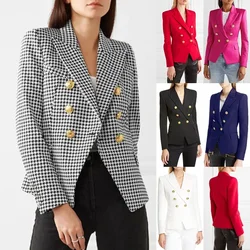 Women Blazer Coats Double Breasted Button Jackets Plaid Cardigan Long Sleeve Pockets Office Lady Work Turn Down Collar Jacket