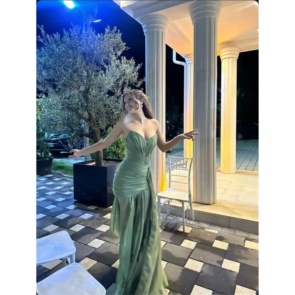 فستان حفلة موسيقية أخضر بدون حمالات شيفون طيات حورية البحر فساتين الحفلات الراقصة بدون ظهر طول الأرض فساتين سهرة 2025 مخصصة #5