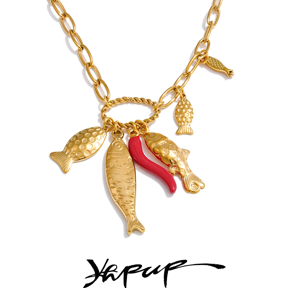 Yhpup 2025 Stainless Steel Fish Chilli Pendant Necklace for Women Hot Sale 18K Gold Plated Stylish Unique Ocean Style Jewelry
