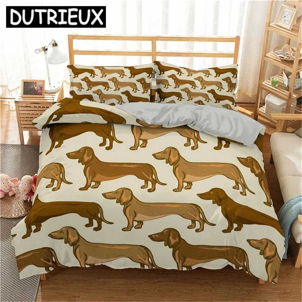 Sausage Dog Print Duvet Cover Set Queen King Full Size Cartoon Dachshund Puppy Bedding Set For Boy Kid Polyester Comforter Cover