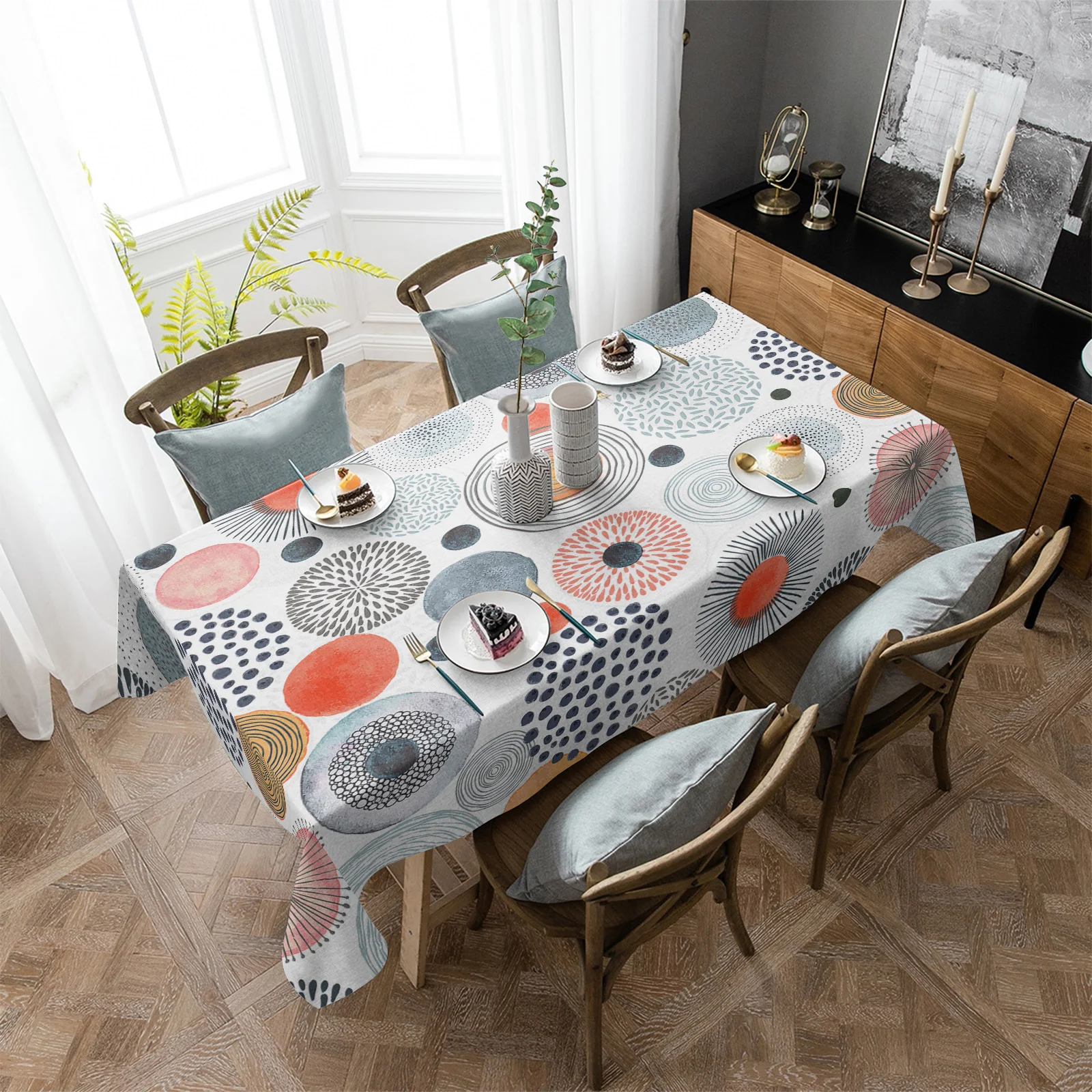 Watercolor Geometric Texture Center Orange Tablecloth Dining Table Rectangular Round Waterproof Table Cover Kitchen Decoration