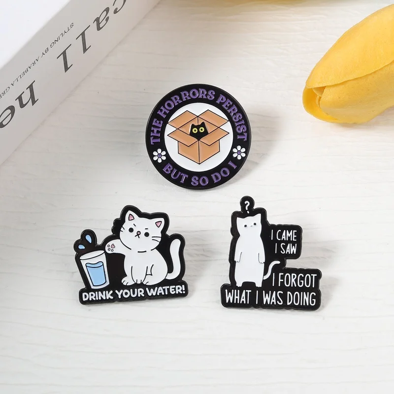The Horrors Persist But So Do I Cat Enamel Pins I Came I Saw I Forgot What I Was Doing Forgetful Cat Brooch Lapel Badge Jewelry