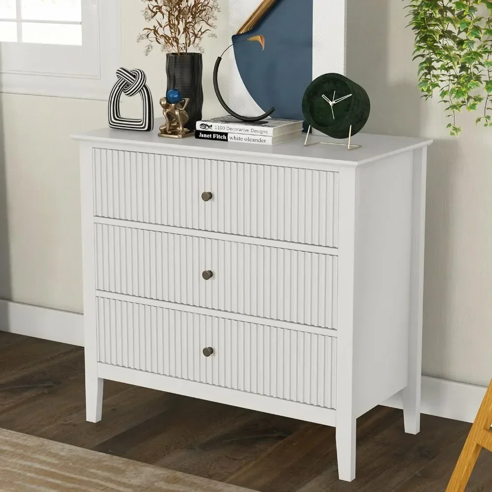 

-White 3 Drawer Dresser Set Of 2 With Fluted Panel, Wood Accent Nightstand With Storage For Bedroom Living Room, Hallway
