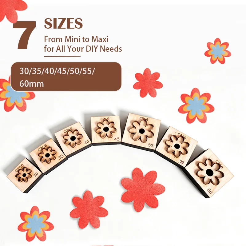 C2687 7-teiliges Holz-Leder-Stanzformen-Set, 30-60mm Mehrgrößen-Blütenblatt-Stanzformen, DIY Handgemachte Lederblumen