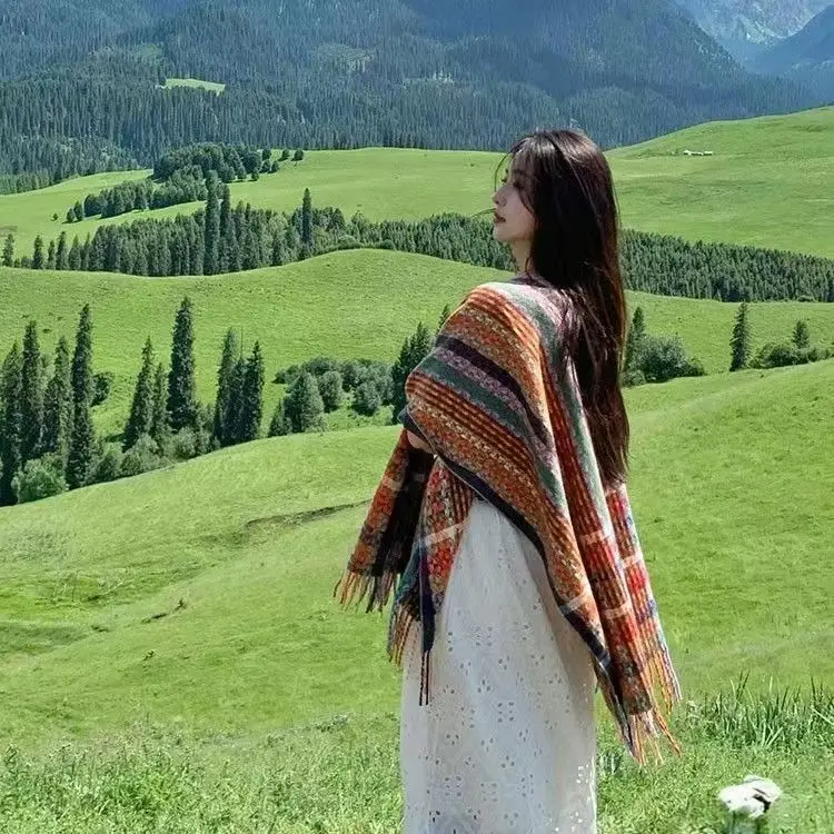 

Вязаная накидка с разрезом и кисточками в национальном стиле для женщин, дорожный наряд, солнцезащитный теплый плащ, универсальный клетчатый плащ