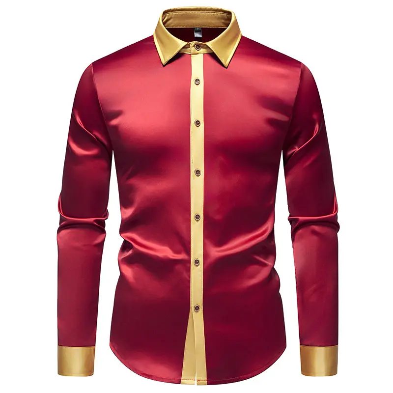 Men's Slim Fit Long Sleeve Shirt, Satin Silk Feel, Color Block Design for Spring/Autumn, Solid Single Breasted Style Clothing