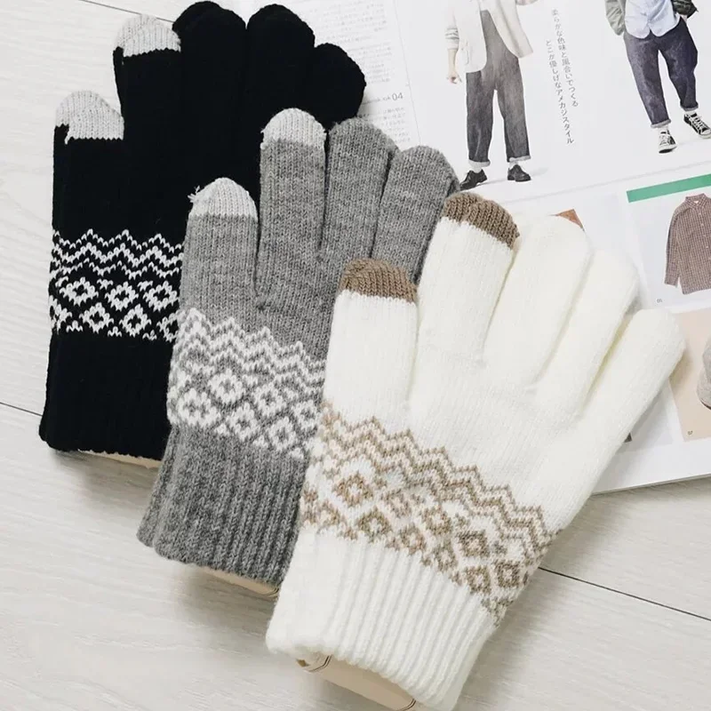 For Women Men Wool Knitted Winter Glove TouchScreen Warm Stretch Mittens Imitation Wool Full Finger Guantes Crochet Thicken